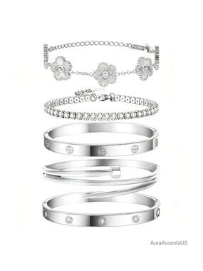 Stackable Silver Bracelets for Women, Non-Tarnish Stainless Steel Bangle Set,